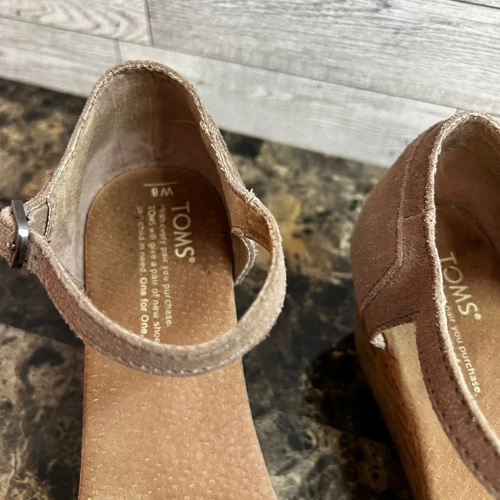 TOMS Platform Wedge Tan Stucco‎ Suede Woven Open Toe Cork Sandals Womens US 8